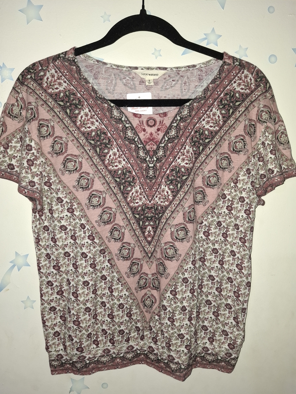 Lucky Brand Dusty Pink Paisley V-Neck Short Sleeve Top NWT Small